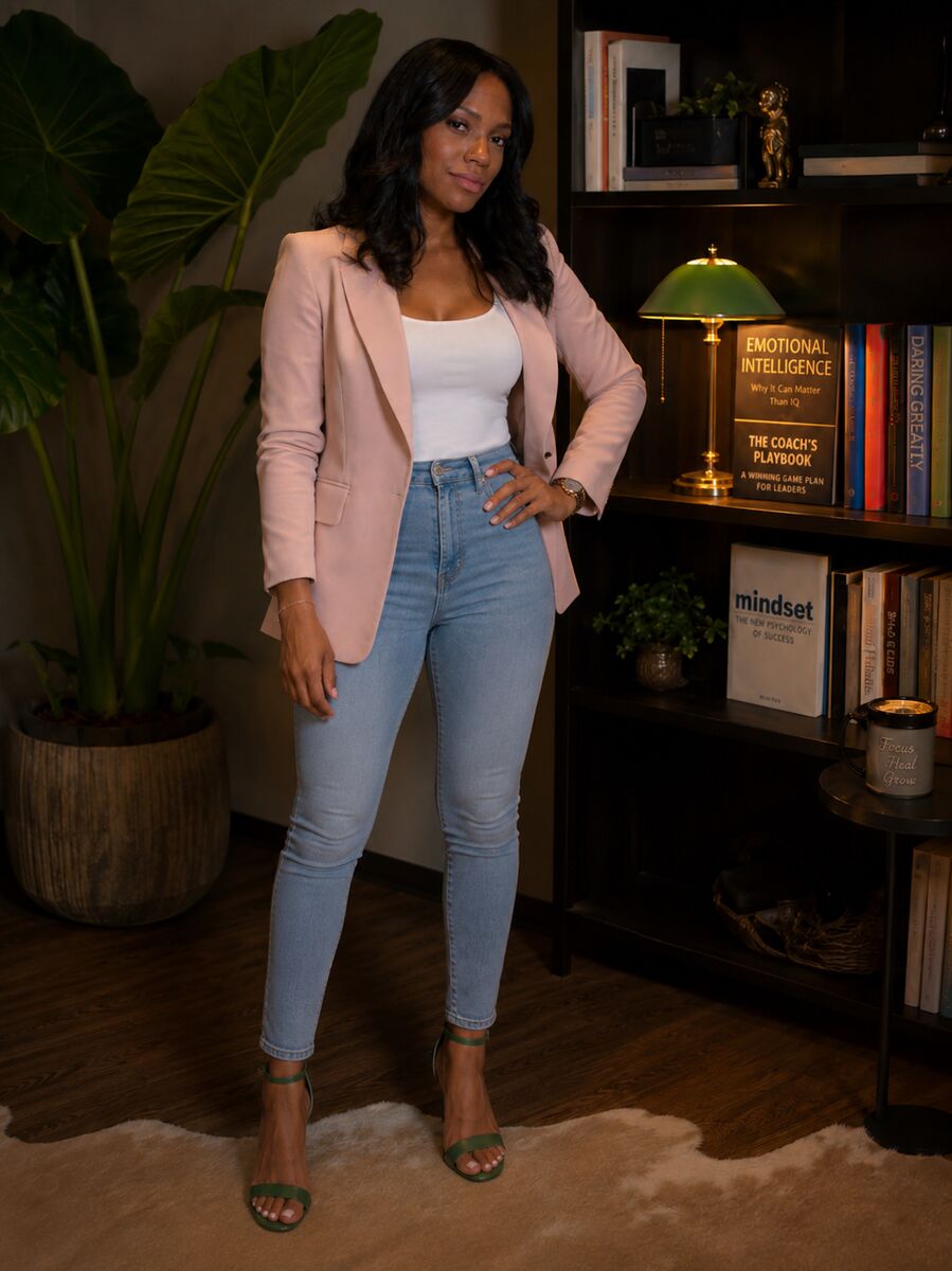 Portrait of Dr. Melissa Dawn in a blush blazer beside a bookshelf of coaching and mindset books